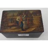 A Russian tea caddy, decorated an amorous couple by a fence, 14 cm wide