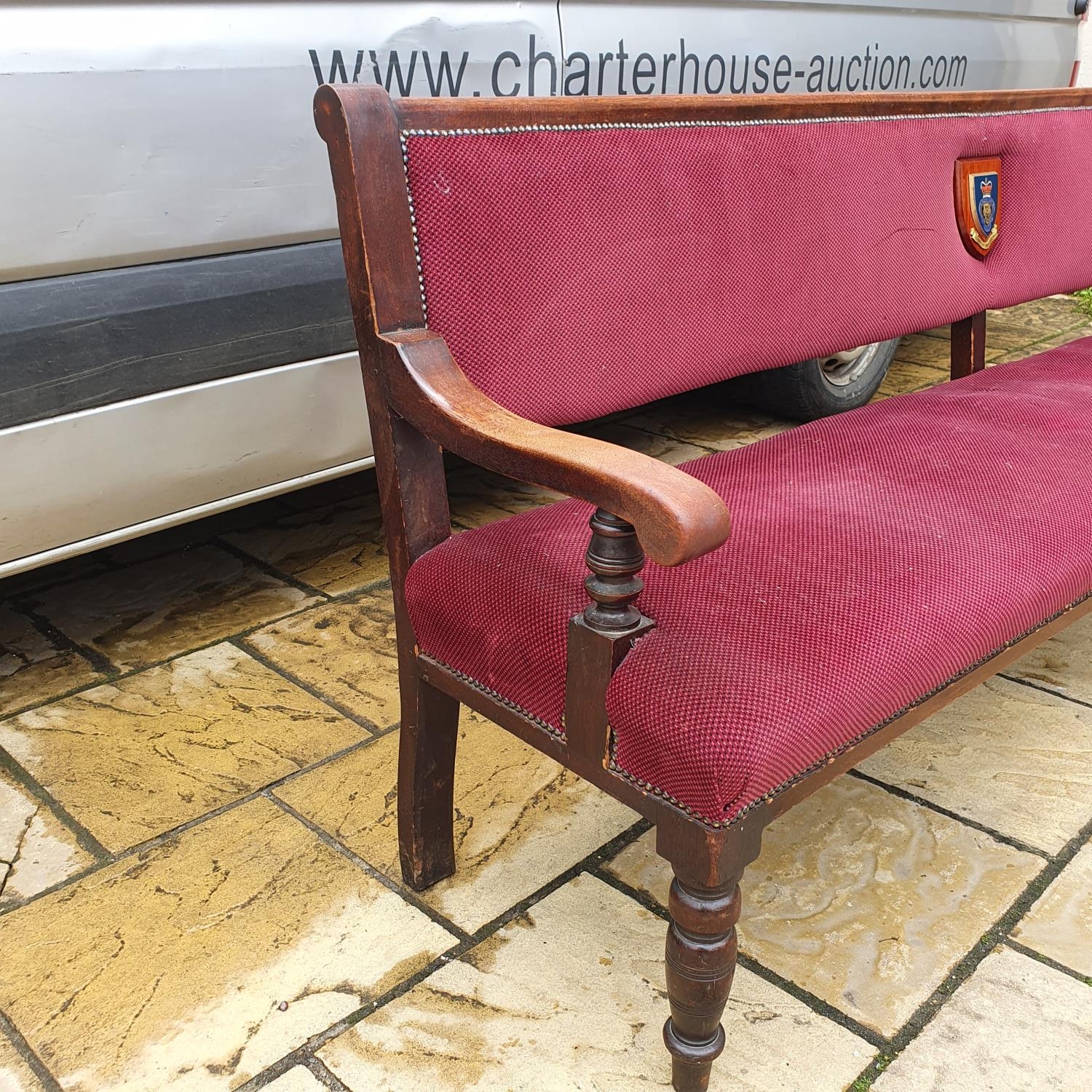 A mahogany settle, with upholstered back and seat, back inset with plaque for the Royal British - Image 3 of 3