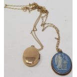 A 9ct gold pendent, insert a Jasperware plaque, on a chain, and a gold plated locket and chain (2)