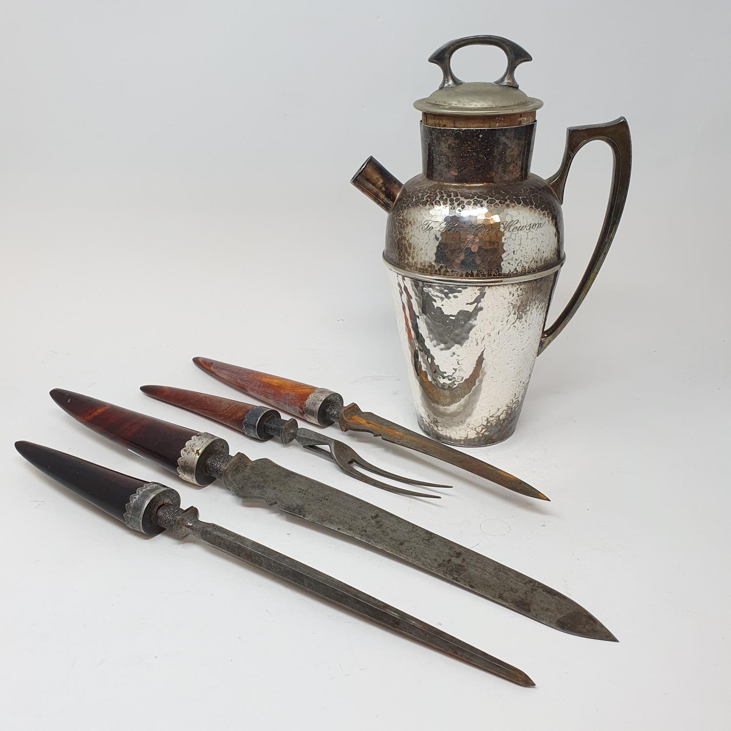 A horn handled carving set, and various silver plate (box)