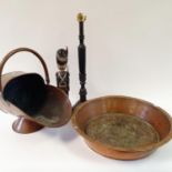 A copper preserve pan, a copper coal helmet, a pair of lamp bases and other items (qty)