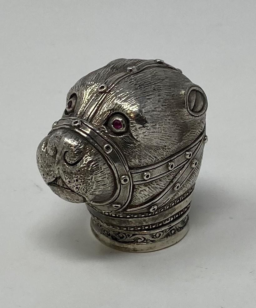 A novelty silver vesta, in the form of a dog wearing a muzzle This is a modern copy