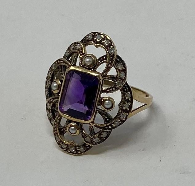 A 9ct gold, amethyst, pearl and diamond ring