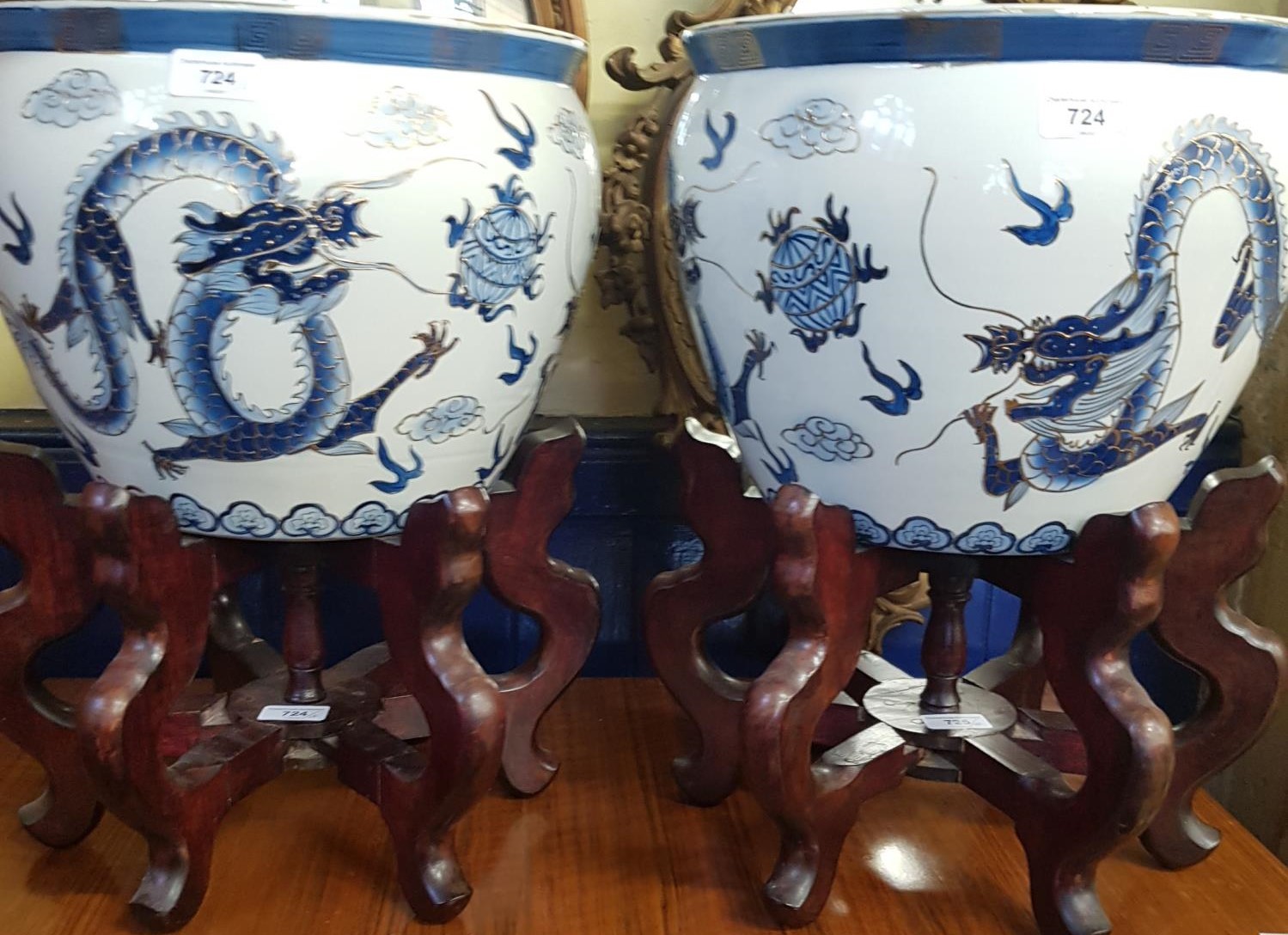 A pair of Chinese blue and white jardinieres on stands, 34 cm high, pair of brass candlesticks, pair - Image 2 of 4