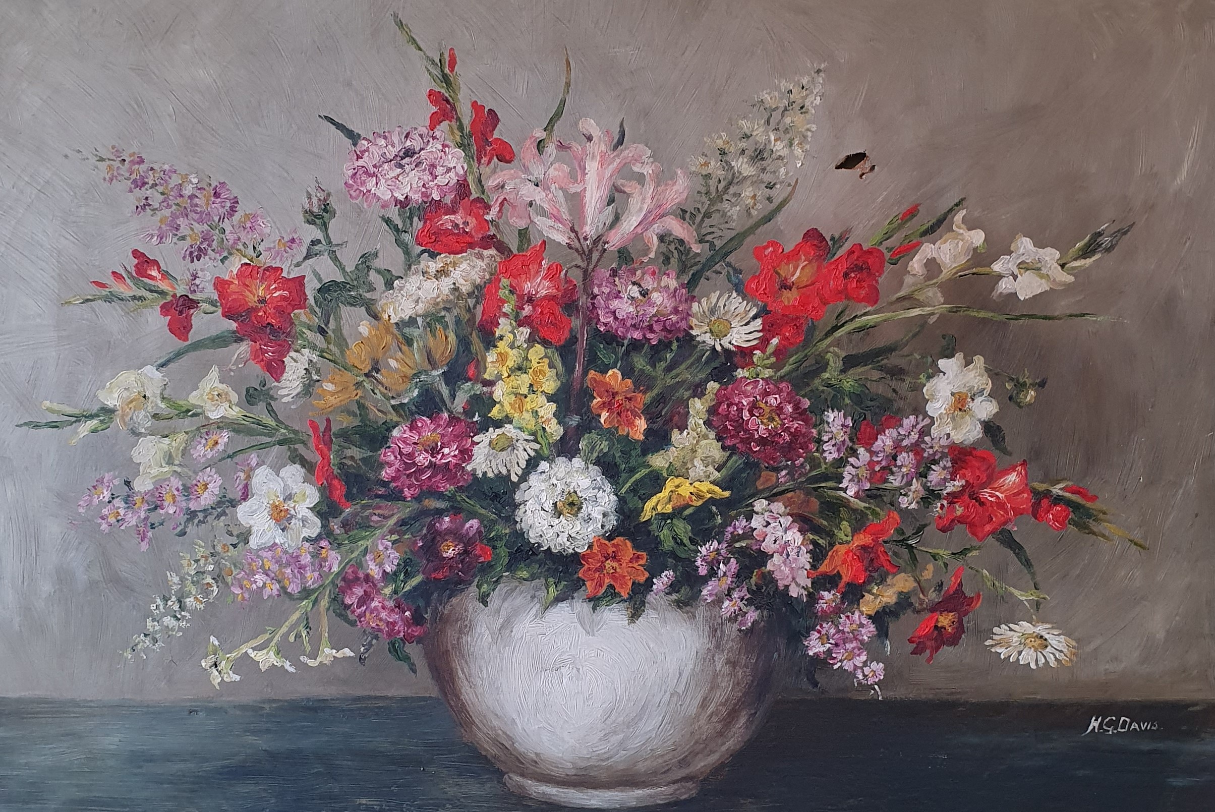 H G Davis, still life of flowers, oil on canvas, signed, 56 x 80 cm Hole to the canvas