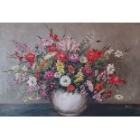 H G Davis, still life of flowers, oil on canvas, signed, 56 x 80 cm Hole to the canvas