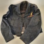 An RAF battle dress jacket, circa 1953, with Observer badge, WWII medal ribbons and Clayesmore CCF