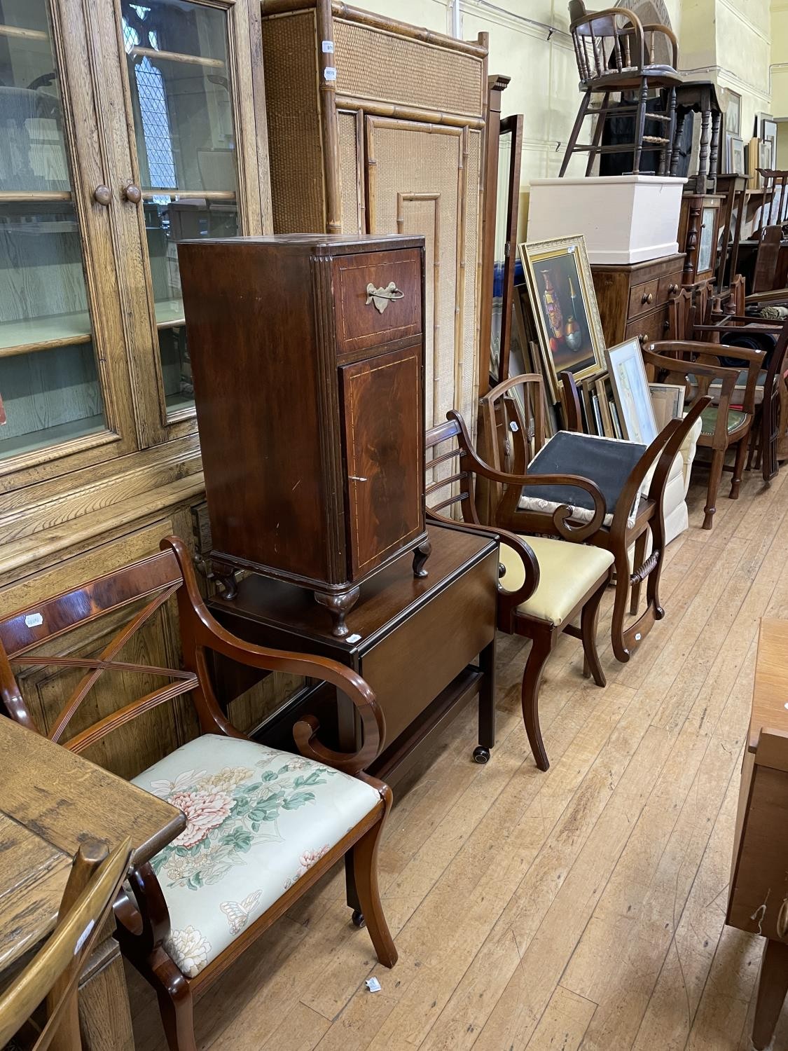 An Ercol armchair a matching stool, a bedside cupboard, a trolley, and four chairs (8) - Image 2 of 2