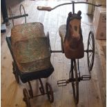 A child's tricycle, with carved wooden seat in the form of a horse, 86 cm and a dolls pram (2)