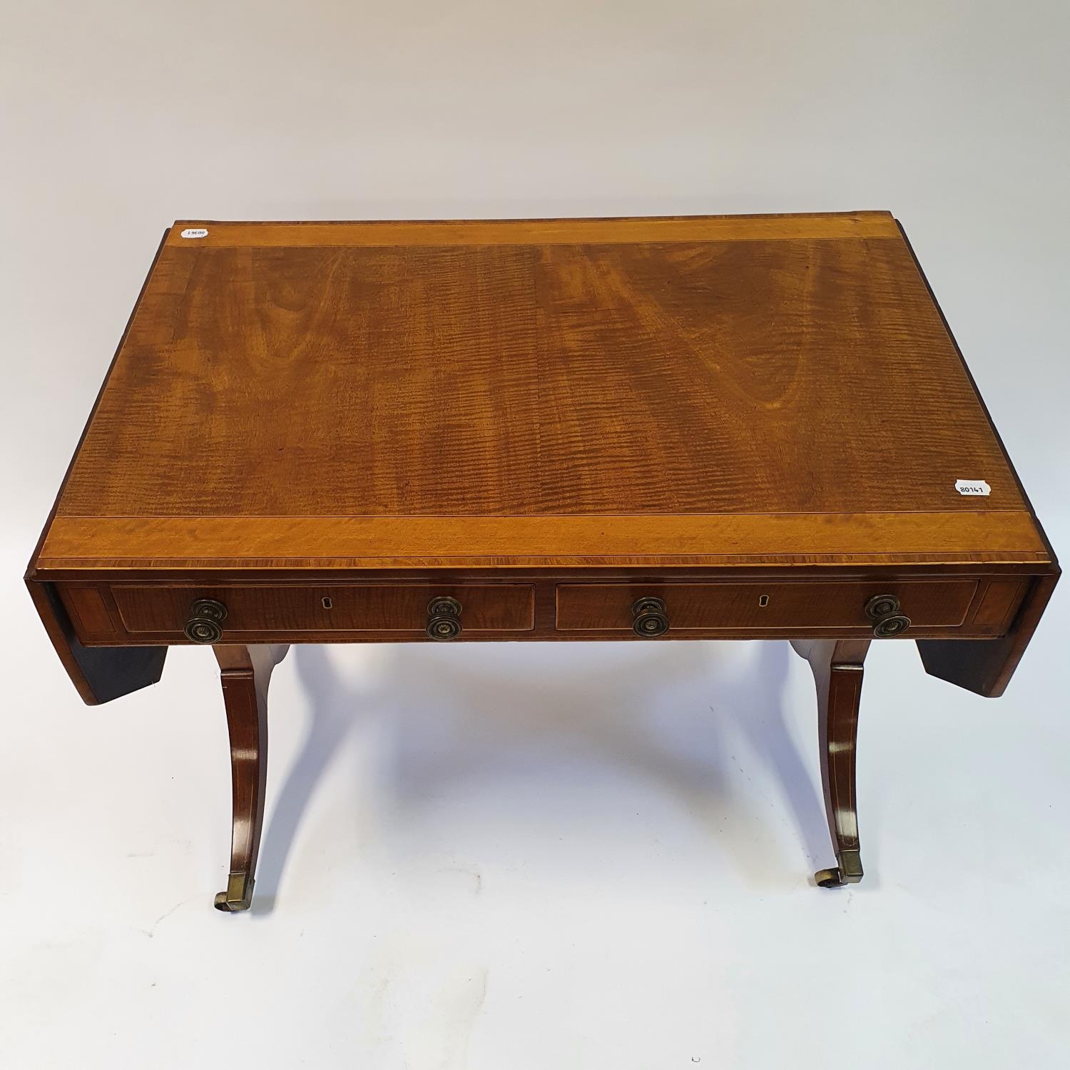 A 19th century mahogany sofa table, crossbanded in satinwood, with two frieze drawers, on end - Image 3 of 7