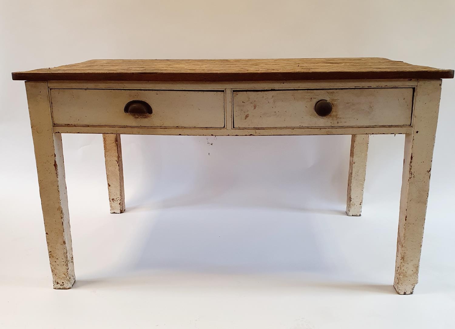 A pine kitchen table, having two drawers, on square legs, 142 cm wide - Image 2 of 5