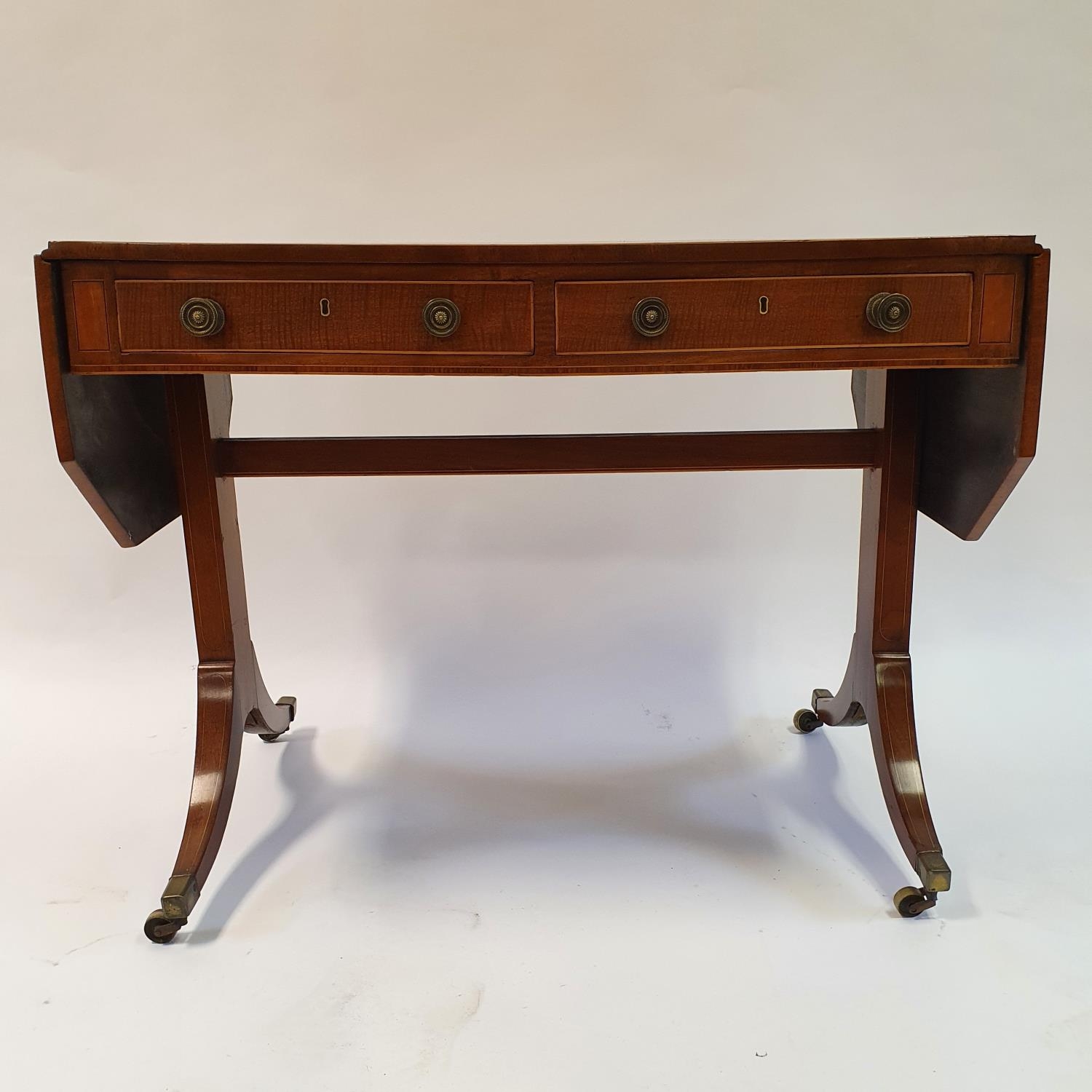 A 19th century mahogany sofa table, crossbanded in satinwood, with two frieze drawers, on end - Image 2 of 7