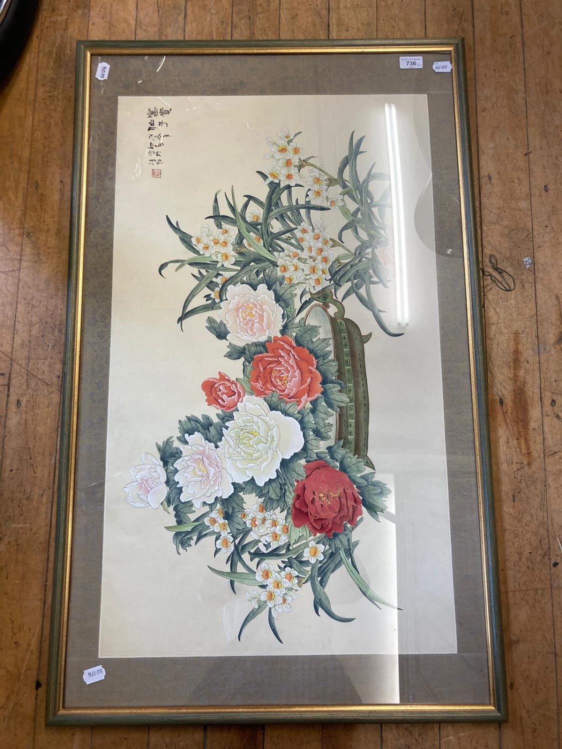 A Chinese print of flowers and other pictures (qty)