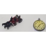 A silver plated open face pocket watch, signed Helvetia, and a toy horse and cart (2)