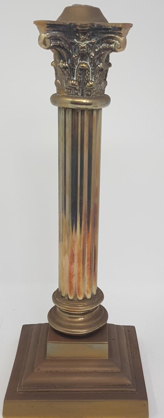 An oil lamp base, in the form of a Corinthian column, 35 cm high, two wall hanging oil lamps with