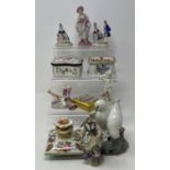 A Continental porcelain perfume bottle, decorated flowers, 8 cm wide, a porcelain box, 8 cm wide and