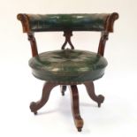 A 19th century mahogany and green leather desk chair Leather beginning to crack, quite worn in