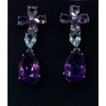 A pair of silver, amethyst and blue topaz drop earrings