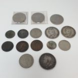 A Queen Victoria crown, other crowns and assorted coins