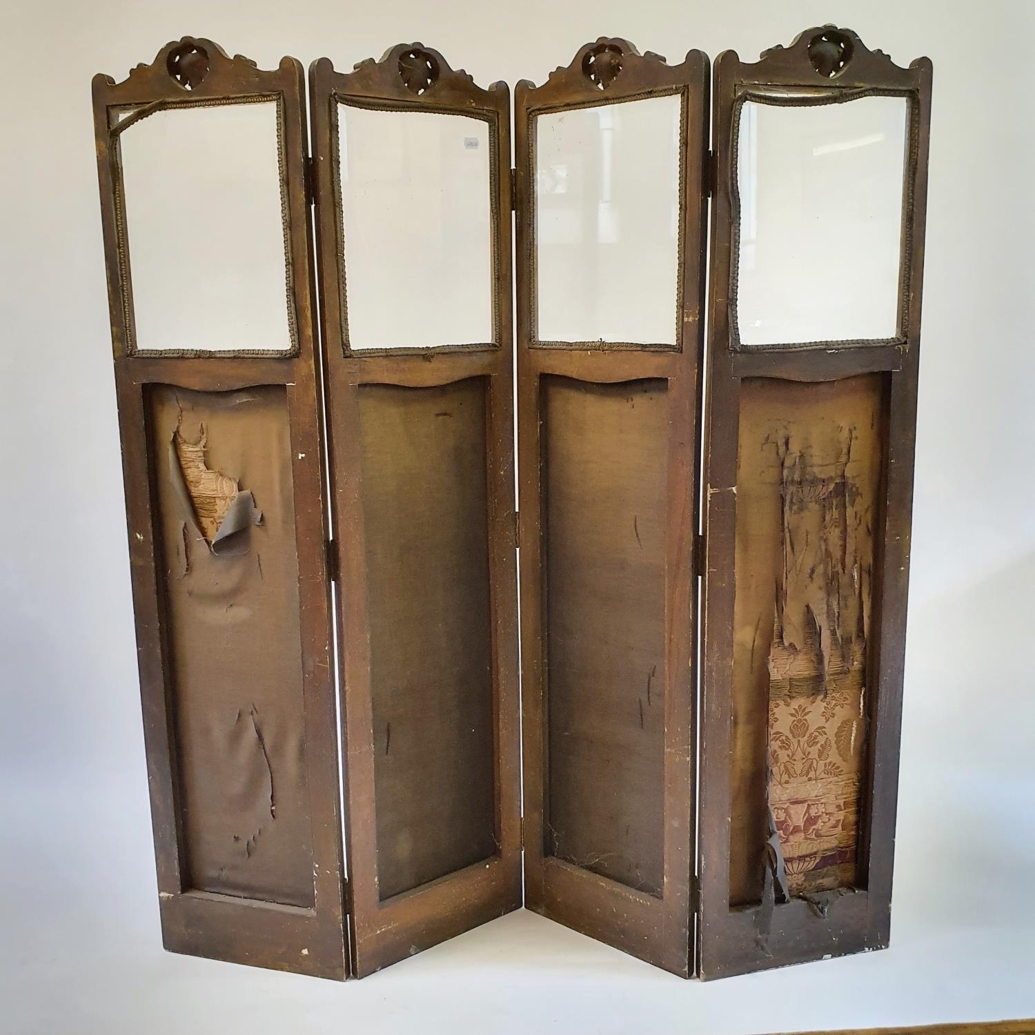 An early 20th century painted four panel screen, the top with glazed sections above silk panels - Image 2 of 5