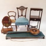 A 19th century mahogany washstand, 37 cm wide, a child's chair, a mahogany bedroom mirror, a