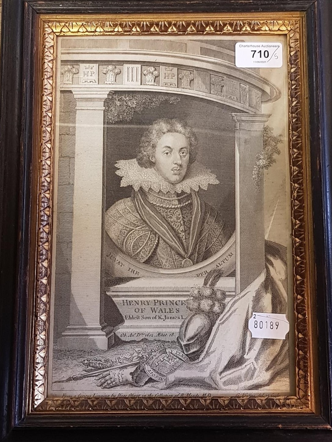 An 18th century engraving, Henry Prince of Wales, in a Hogarth type frame, and four others - Image 2 of 4