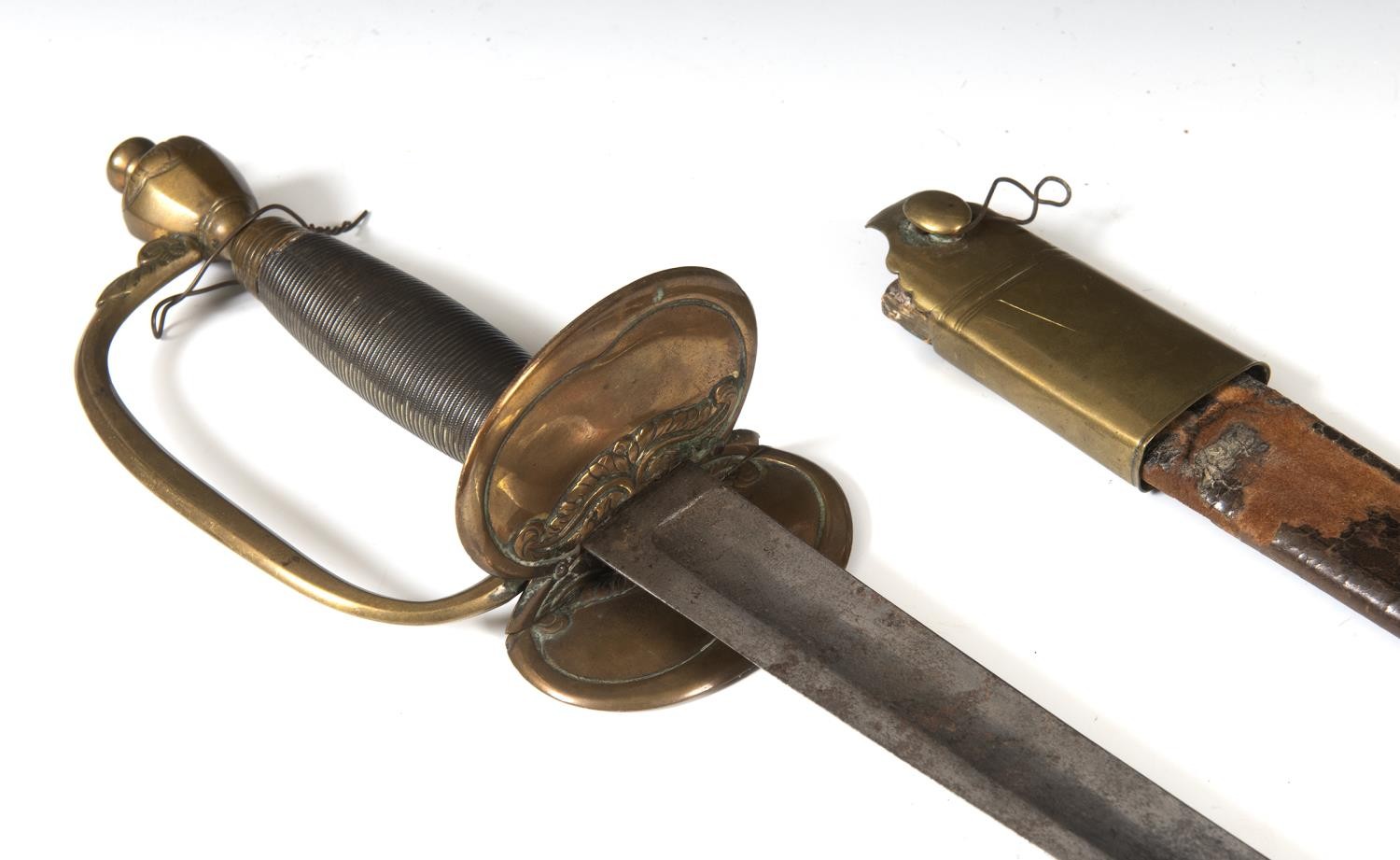 A 1796 pattern type sword, with a folding guard, lacks tip, an associated scabbard, incomplete,