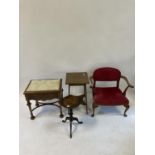 A mahogany piano stool, a mahogany armchair, and two tables (4)