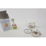 A Royal Doulton child's tea set, a Beatrix Potter figure, various coins, a masonic medal other