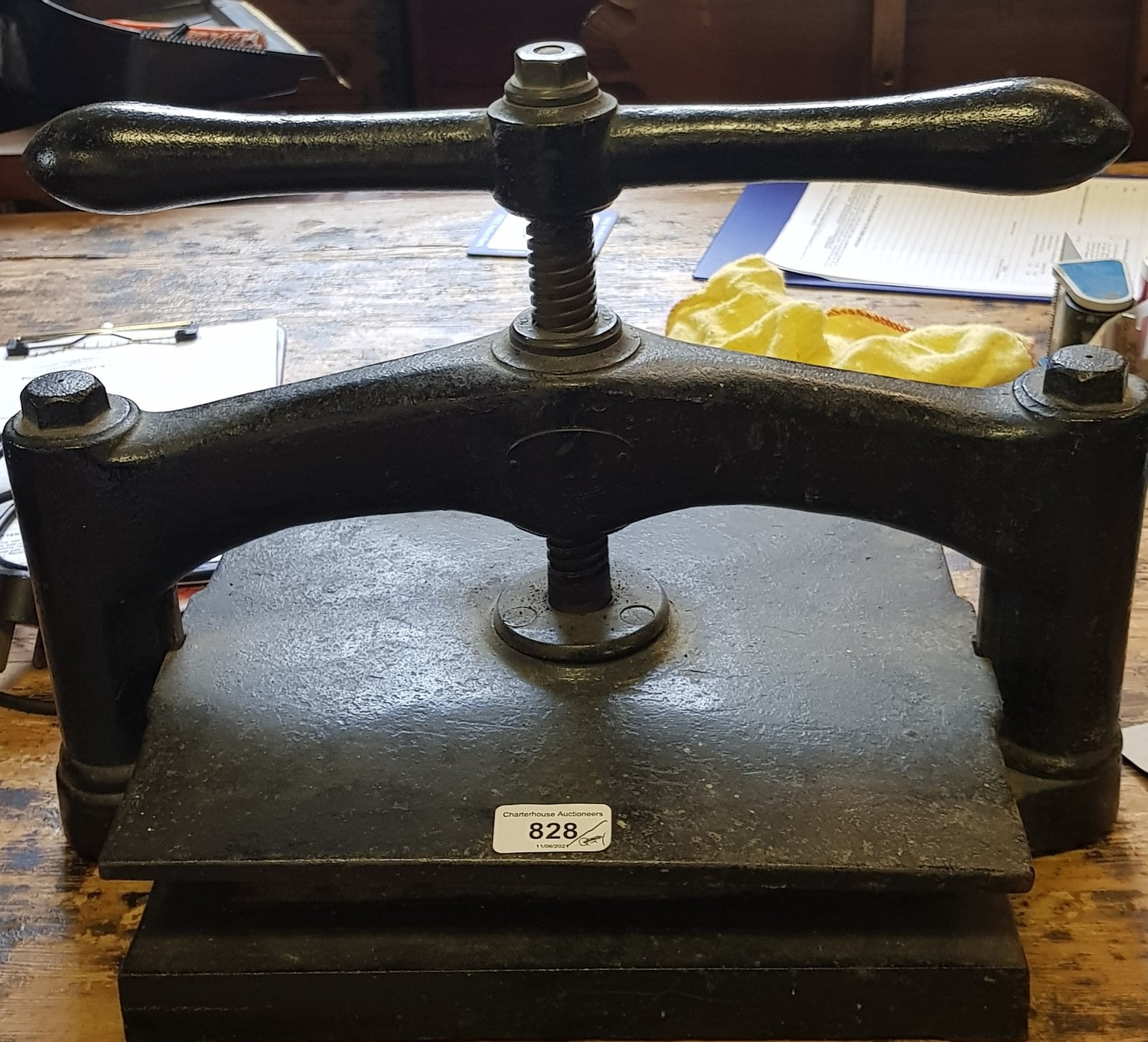 An early 20th century book press mechanism works, but stiff