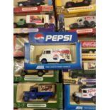 A Lledo promotional van, Pepsi, and 62 other promotional vans, buses and cars (box)