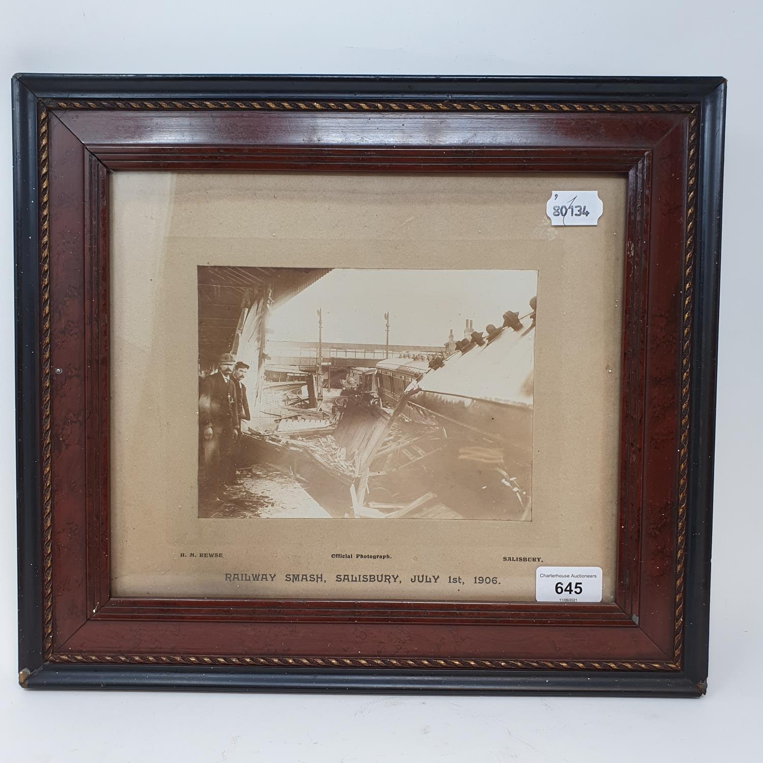 A monochrome photograph, The Railway Smash Salisbury July 1st 1906, 24 x 29 cm