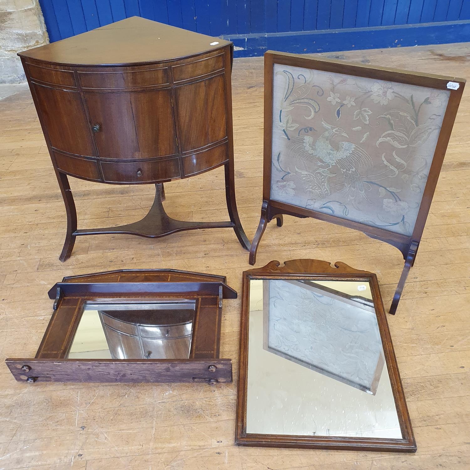 A 19th century mahogany corner washstand, 70 cm wide, a mahogany gateleg table, two mirrors, and a