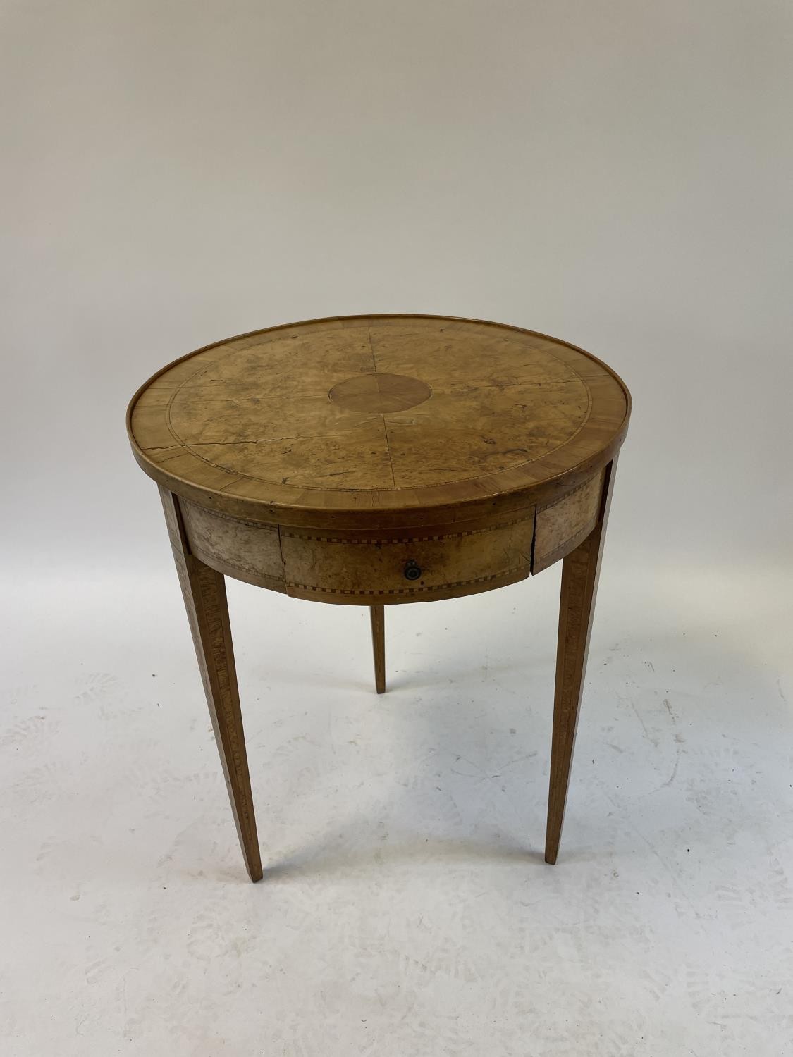 A 19th century burr walnut side table, with a single frieze drawer, on square tapering legs, 57 cm