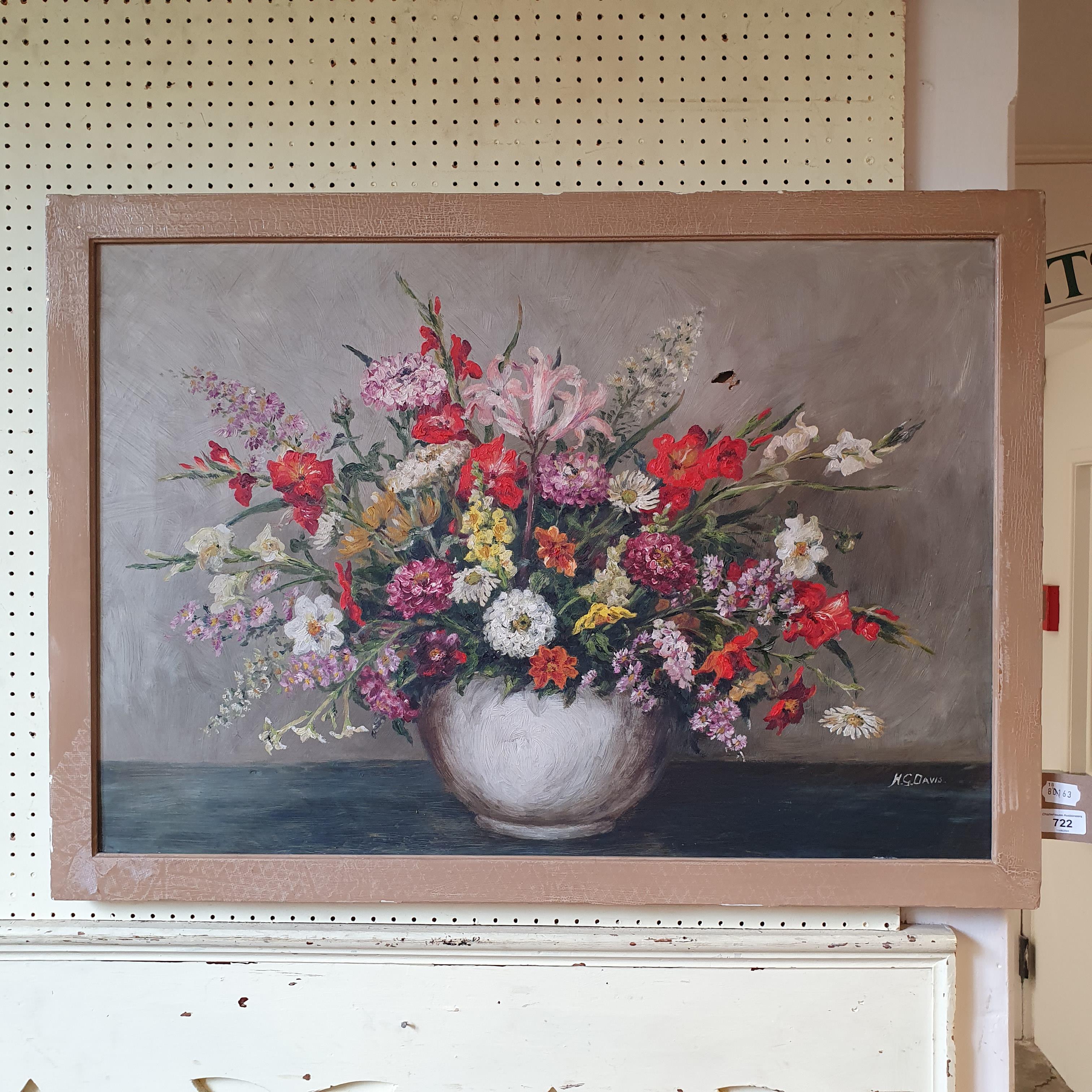 H G Davis, still life of flowers, oil on canvas, signed, 56 x 80 cm Hole to the canvas - Image 2 of 3