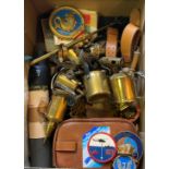 Assorted brass blow lamps, other metalwares, a sighting monocular telescope, and other items (box)