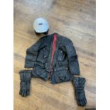 A vintage leather three quarter motorcycle jacket, a pair of leather gauntlets, a pair of leather