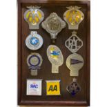 A group of eleven car badges, including Babycham, Royal Aero Club Associate Member, RAC, AA and