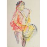 Jacqueline Allwood, portrait of a man playing a saxophone, mixed media, signed and dated 1989