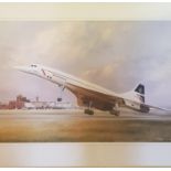 Concorde memorabilia: Terry Harrison print of Concorde 30 x 60 cm, and a monochrome photograph,