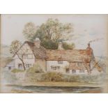 English school, early 20th century, a set of three studies of cottages, 10 x 12 cm, framed as one