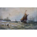 Thomas Bush Hardy (British 1842-1897), harbour scene with sailing boat, watercolour, signed, 13 x 22