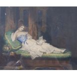 A 19th century print, of a reclining lady, 19 x 23 cm, in a birdseye maple frame, its pair, and