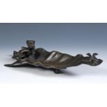 Early 20th century Italian bronze, of an infant and a duck perched on a leaf stamped A B Pandian