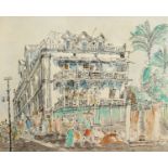 Continental school, 20th century, street scene with figures, pen ink and watercolour, signature