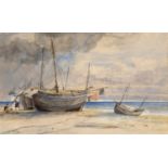 Attributed James Holland, boats at low tide, titled Brighton October 1847, watercolour, 30 x 49 cm