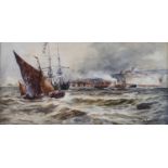 After Thomas Bush Hardy, harbour scene, watercolour, signed, 17 x 33 cm