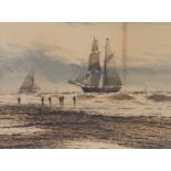 J Cooper, seascape, with a sailing ship, watercolour, signed, 22 x 29 cm, and its pair, a harbour