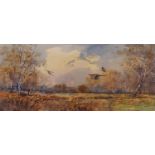 Michael Wawley, landscape with pheasants, watercolour, signed, 25 x 57 cm Overall condition good, no