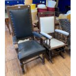 An oak armchair, a rocking chair, an African chair, and a pair of carved mouldings (5)